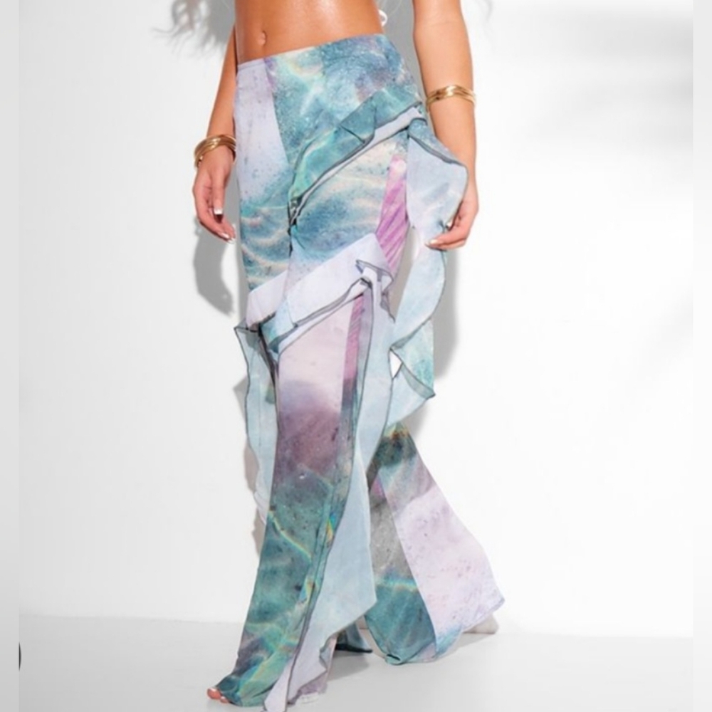 PrettyLittleThing PLT beach pants 6 green purple ruffles sheer wide leg swim new